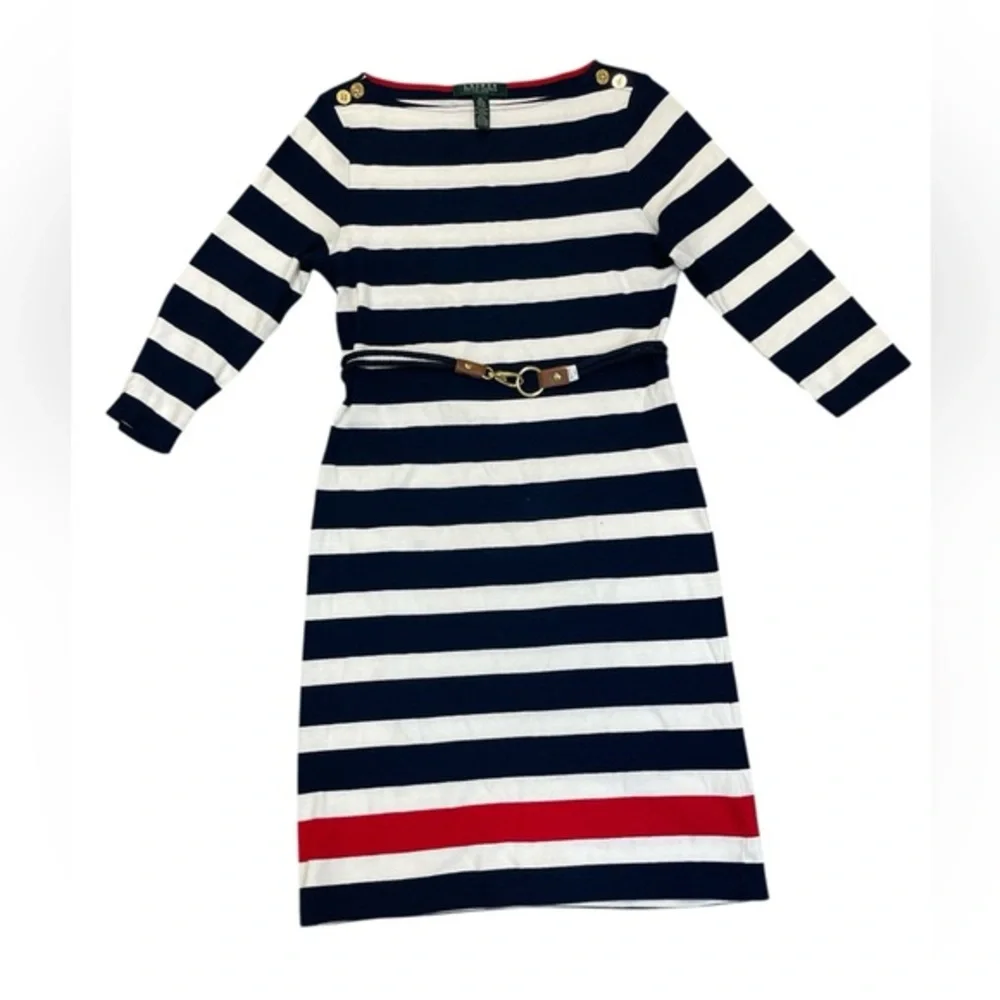Lauren Ralph Lauren Petite Striped 3/4 Sleeve Striped Belted Dress - Picture 1 of 6